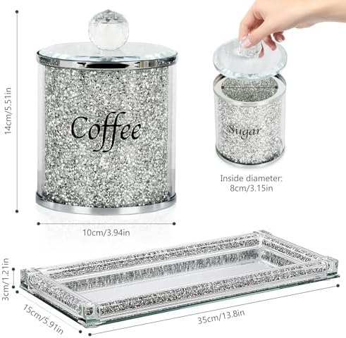 Topsky Coffee Sugar Tea Crystal Canister Set of 4,Sparkly Crystal Crushed Diamonds Home Decor,Silver Kitchen Coffee Jar Storage Set with Label & Lid,Storage Container Set for Countertop,Dining Room - Image 5