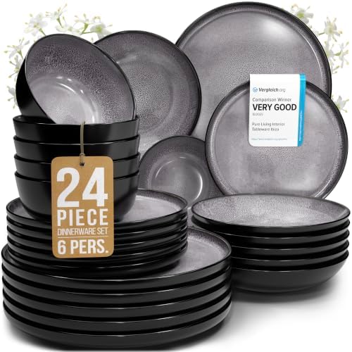24 Piece Stoneware Dinnerware Set for 6, Handcrafted Plates and Bowls Set by PURELIVING