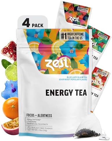 Zest Energy Tea Assortment Box – High Caffeine Tea Bags Sampler with Black & Green Tea – Caffeinated Coffee Alternative for Morning Focus – 80 Tea Bags – 135-150mg Caf per Cup – Natural, Non-GMO, Keto by Zest
