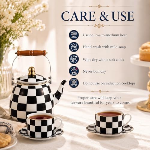 9 Pcs Checkered Teapot Set with Wooden Handle, Black and White Vintage - Image 6