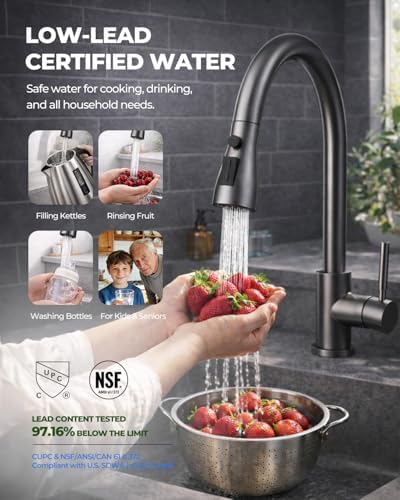 WEWE Pull-Down Kitchen Faucet, 3-Mode Sprayer, Matte Gray, Stainless Steel - Image 4
