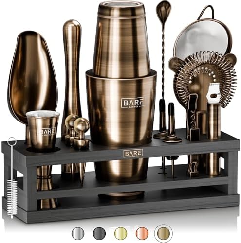 BARE BARREL® Mixology Bartender Kit Bar Set | 16-Piece Cocktail Shaker Set | Martini Barware Mixing Tools for Home Bartending | Incl. 35 Recipe Cards | Gift Set (28oz Boston Shaker, Brass/Black) by BareBarrel