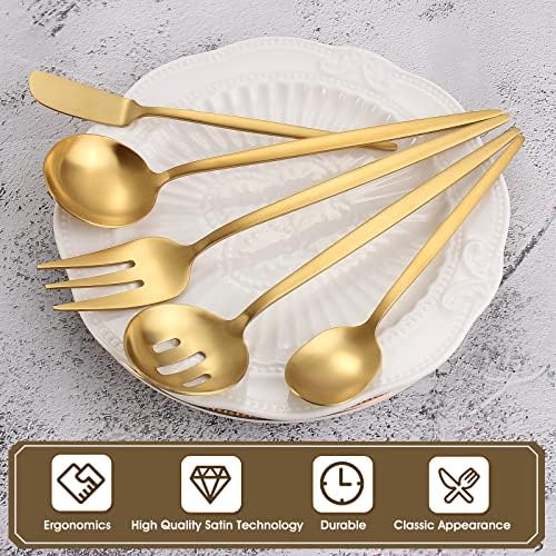 VANVRO Matte Gold Serving Silverware Set, 5-Piece Round Shared Utensils Set of Stainless Steel, Hostess Flatware Serving Set, Satin Finish, Dishwasher Safe - Image 3