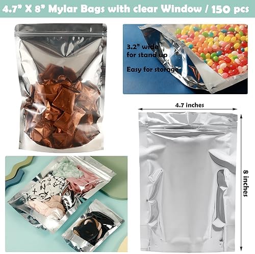 150-Pack Reclosable Large Mylar Bags for Food Storage 4.7" x 8" Stand Up Zipper Pouch Bags in Bulk Resealable Smell Proof Aluminum Silver Foil Bags with Clear Window Kitchen Storage Edible Packaging - Image 4