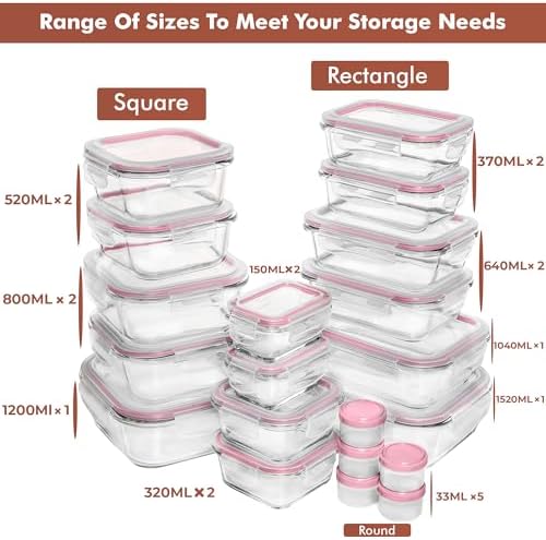 Razab 35 Pc Set Glass Food Storage Containers with Lids - Meal Prep Airtight Bento Boxes BPA-Free 100% Leak Proof (15 lids,15 glass & 5 Plastic Sauce/Dip Containers) - Image 2