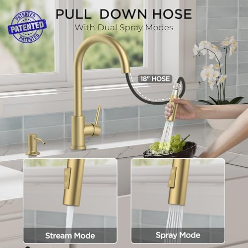 FORIOUS Kitchen Faucet, 2-Mode Pull Down Sprayer, Classic Brushed Gold - Image 3