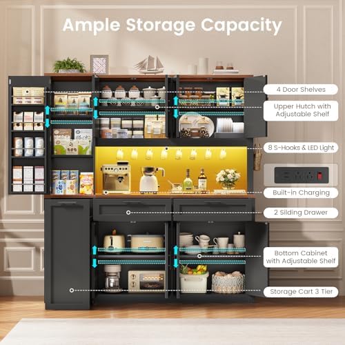 Itaar 71" Kitchen Pantry Cabinet with Charging Station and Led Light, Kitchen Storage Cabinets with Microwave Stand, 59" Wide Pantry Storage Cabinet with Storage Cart 3 Tier for Dining Room, Black - Image 4