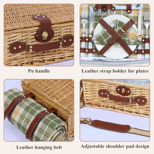 Wicker Picnic Basket for 2, Blanket & Wine Pouch, 16.6" Green - Image 6