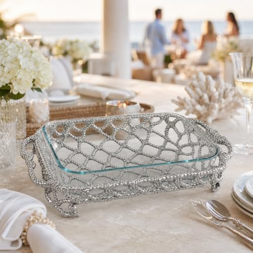 Arthur Court Crab and Net Casserole Dish Holder Ocean Pattern Aluminum 3 Quart with Glass Dish - Image 5