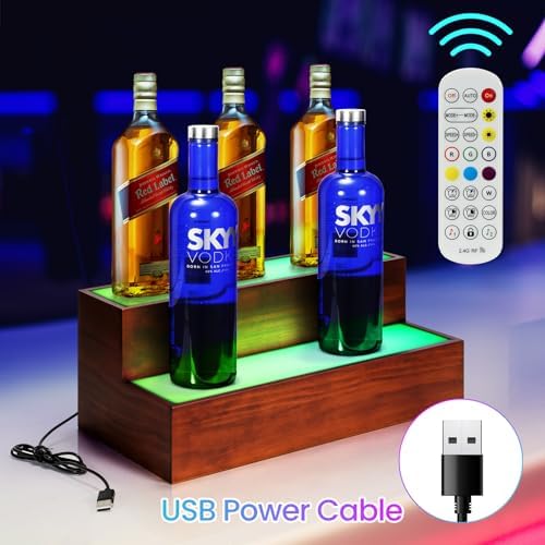 2 Pack LED Liquor Bottle Display Shelf , 2 Tier Real Wood Bar Shelves for Liquor Bottles, Lighted Bar Bottle Display Shelves with Remote, Bottle Organizer for Home Bar, Holds Up to 20 Bottles - Image 2
