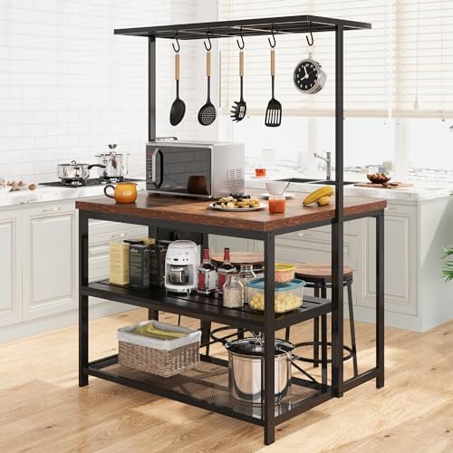 GarveeHome 47 in Kitchen Island with Power Outlet & Storage - Large Bakers Rack, Microwave Stand with 3-Tier Shelves & 5 Hooks for Pantry Organization by GarveeHome