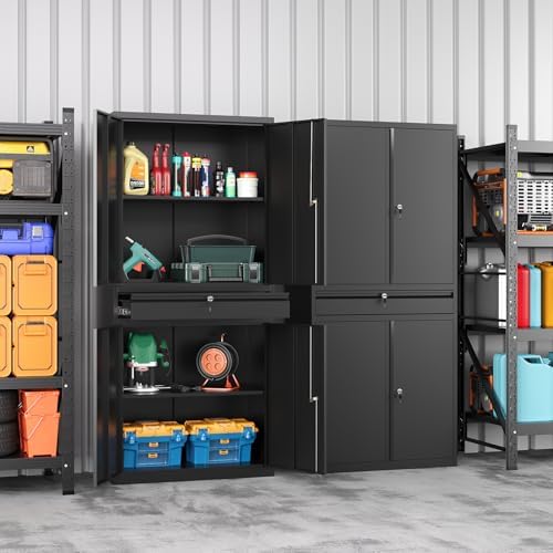 Metal Storage Cabinet with Drawer, Garage Storage Cabinet with Locking Doors and Adjustable Shelves,Tool Steel Cabinet for Garage, Home Office,Warehouse (Black) - Image 2