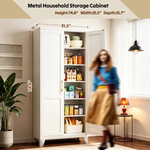 74.8" H Tall Storage Cabinet, Kitchen Pantry Cabinet with Doors, White Freestanding Kitchen Cabinet for Kitchen, Dining Room & Pantry Organization, Adjustable Shelves, 74.8" Hx31.5 Wx15.7 D - Image 2