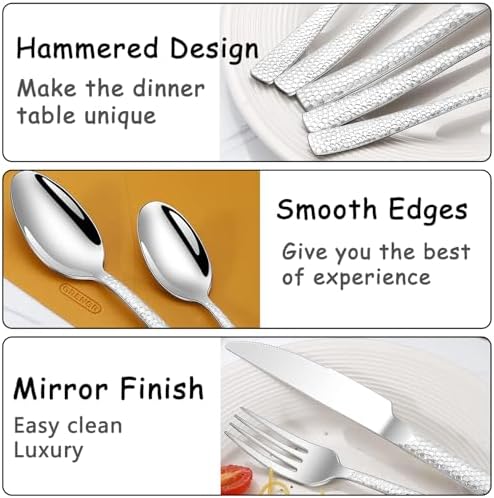 Hammered Silverware Set With Gift Box For 8 Cutlery Set Utensils Stainless Steel Flatware 40 Pieces MIKIWAY Luxury Kitchen Tableware Set For Gifts Festive, Dishwasher Safe, Mirror Polishing - Image 5