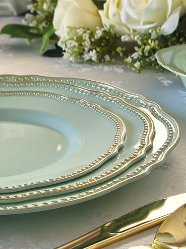 " OCCASIONS " 640pcs set (80 Guests)-Heavyweight Wedding Party Disposable Plastic Plate Set -80 x 10.25'' + 80 x 7.5'' + Silverware + Cups + Napkins (Rochelle Seafoam/Mint and Gold)) - Image 6