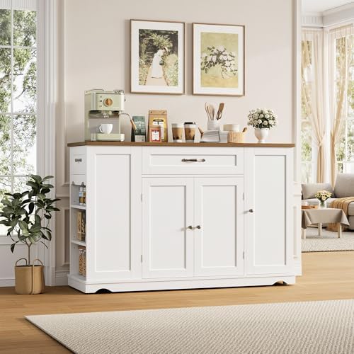 HOSTACK 47" W Kitchen Island Cart with Storage, Rolling Island Table, White - Image 2