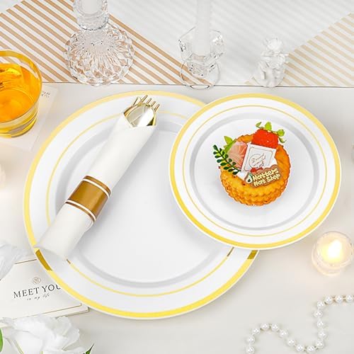 700 PCS Gold Plastic Dinnerware Set for 100 Guests, 200 DisposablePlates for Party, 100 Pre Rolled Napkins with Gold Silverware, 100 Cups - Image 3