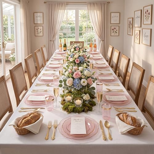 KIRE 210Pcs Clear Pink Plastic Plates with Gold Rim - Disposable Pink Plates for Party - 30 for Dinner 30 for Dessert 90 Silverware 30 Napkins 30Cups for Upscale Wedding/Party/Baby Shower - Image 4