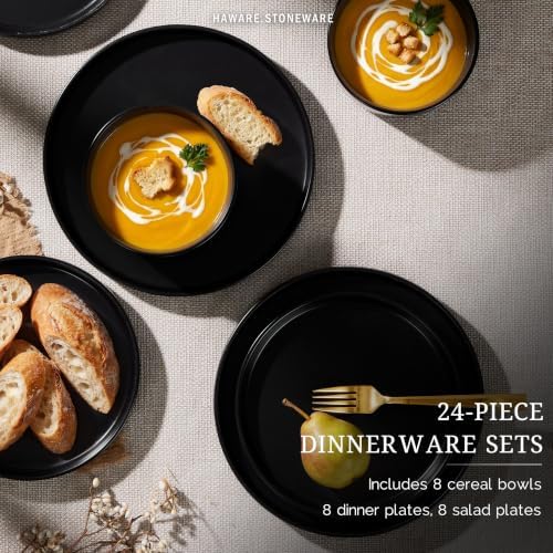 HaWare Dinnerware Sets, Plates and Bowls Set for 8, Matte Shadow Black - Image 3