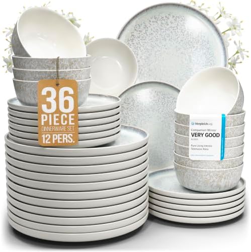 36 Piece Stoneware Dinnerware Set for 12, Handcrafted Plates and Bowls Set by PURELIVING