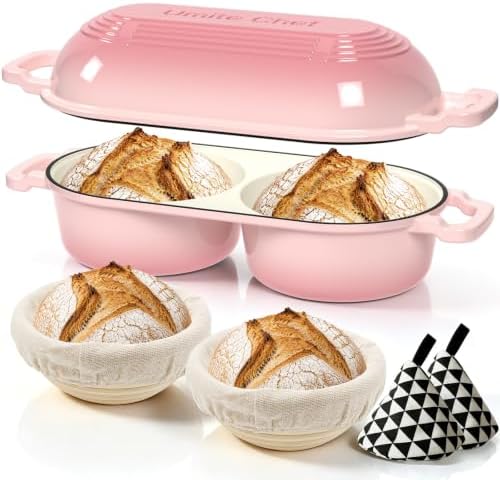 Umite Chef Dutch Oven for Sourdough Bread Baking – Enamelled Cast Iron Bread Loaf Pot – 500°F Oven Safe– Double Round Loaf Space, 16.5“ Diameter, 5" Banneton Proofing Baskets & Cotton Potholders(Pink) by UmiteChef