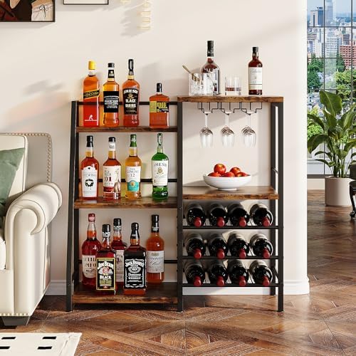 Homeiju Liquor Cabinet Bar for Home Bar, 3 Tier Wine Rack Freestanding Floor with Glass Holder and Fences, Trapezoidal Liquor Bottle Display Shelf for Liquor Whiskey Wine, Brown by Homeiju