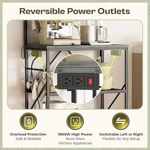 Huuger 4-Tier Bakers Rack with Reversible Power Outlet, 23.6 Inch Microwave Stand, Kitchen Coffee Bar, with Top Shelf, 6 S Hooks, Grey - Image 4