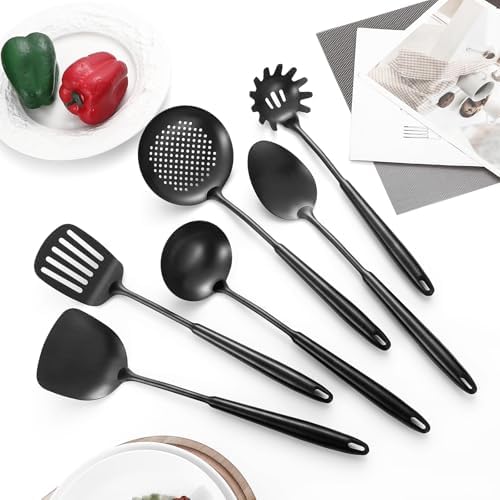 304 Stainless Steel Cooking Utensils,6 Pcs Kitchen Cooking Utensils Set with Spatula, Solid Spoon, Ladle, Skimmer, Spaghetti Spoon,Dishwasher Safe(Black) - Image 3