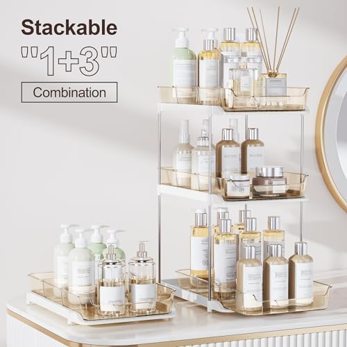 Delamu 2-Tier Multi-Purpose Bathroom Under Sink Organizers and Storage, Stackable Kitchen Pantry Organization, Pull Out Medicine Cabinet Organizer with Movable Dividers, Amber, 4 Pack - Image 3