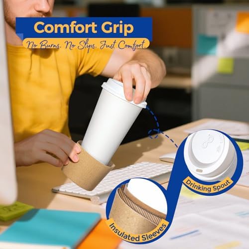 Fit Meal Prep 50 Pack 16 oz Disposable Coffee Cups with Lids, Sleeves, Leak-Proof To Go Coffee Cups with Lids, Durable Hot Paper Cups for Home, Office, Party, Business - Image 4