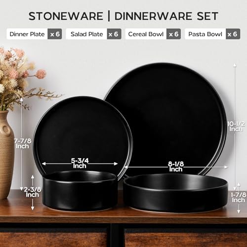 Onader Stoneware Dinnerware Set with Pasta Bowl, 24Pcs Black Dish Set for 6 - Image 2
