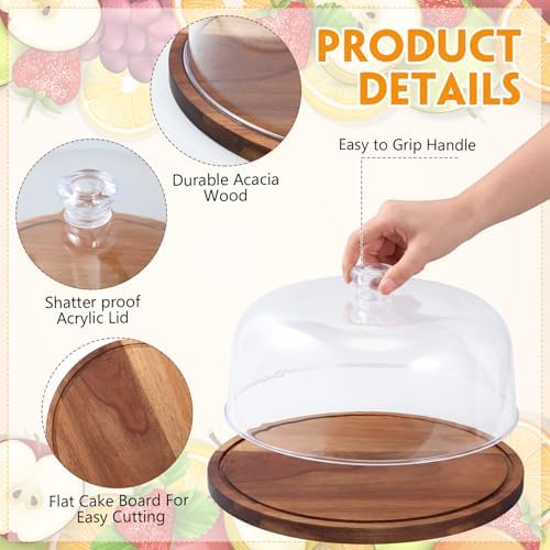 Mifoci 2 Pack Acacia Wood Cake Stand Serving Tray with Acrylic Lid, Charcuterie Table Display Set, 12 x 12 Inches Dessert Serving Tray Set for Bakery, Buffet, Home Party & Restaurant - Image 2