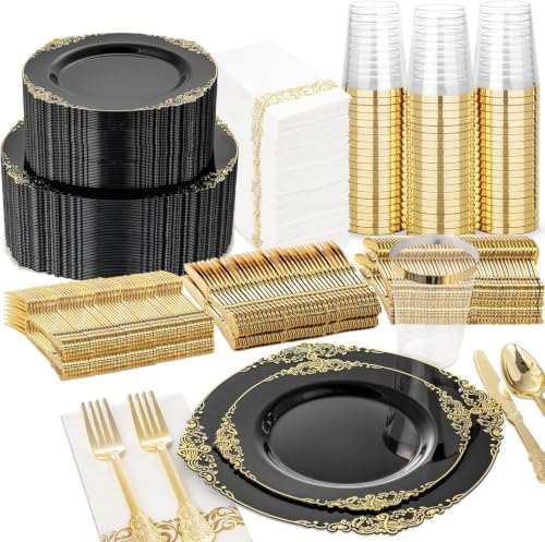 Nervure 350Pcs Black Plastic Plates, Plastic Dinnerware Set for 50 Guests by Nervure