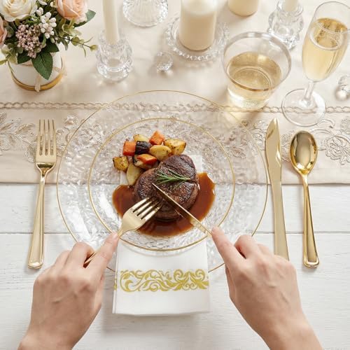 Rubtlamp 350 Pcs Clear Gold Plastic Plates, Hammered Disposable Dinnerware, Clear-Gold Plates Set Include 100 Plastic Platos, 150 Gold Disposable Silverware, 50 Cups And 50 Napkins for Party - Image 3