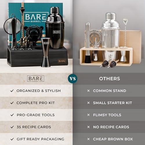 BARE BARREL® Mixology Bartender Kit Bar Set | 14-Piece Cocktail Shaker Set | Martini Barware Mixing Tools for Home Bartending | Incl. 35 Recipe Cards | Gift Set (24oz Cobbler Shaker, Jet Black/Black) - Image 6