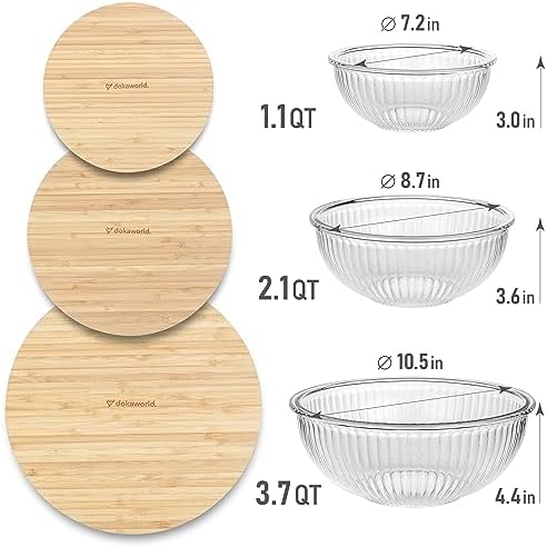 Stackable Space-Saving Nesting Set of 3 Glass Bowls - Bamboo Lids - Image 2
