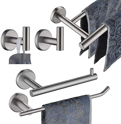 JQK Bath Hardware Towel Bar Accessory Set, 5-Piece Bathroom Accessories Fixtures Set Brushed Finished Wall Mount Includes 24" Towel Bar, 9" Hand Towel Bar, Toilet Paper Holder, Robe Hook x2, BAS105-BN by Homeimprovement