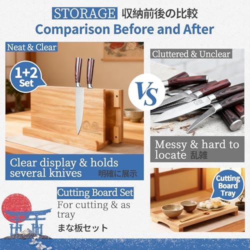 XYJ 3-in-1 Wooden Magnetic Knife Block Set ・Powerful Magnet Knife Holder + 2 Chopping Boards, Space-Saving Countertop Organizer, Kitchen Cutlery Display Stand without Knives - Image 4