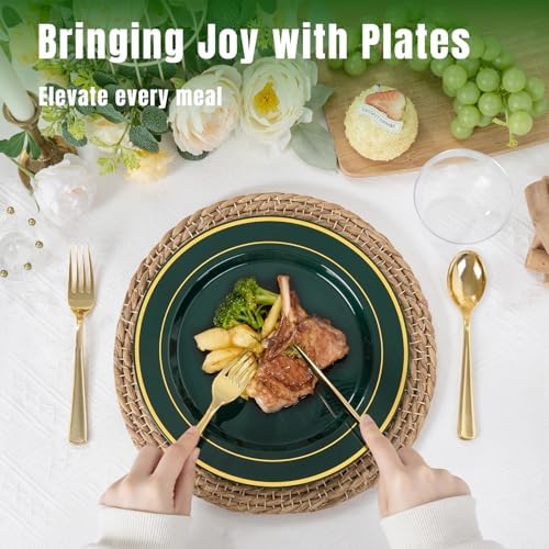 WDF Partyware 350PCS Green and Gold Plates - Green Plastic Plates 50Guests Plastic Plate with Rolled Napkins for Party/Birthday/Wedding - Image 2