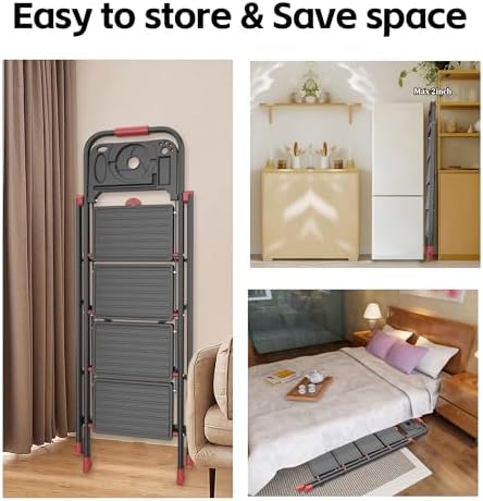 4 Step Foldable Step Ladder with Mutifunctional Tool Tray, Platform Ladders Stepstools, Step Stool 4 Step Folding with Non-Slip Pedals, 800lbs Bearing Capacity for Adults, Home, Kitchen, Black Red - Image 7