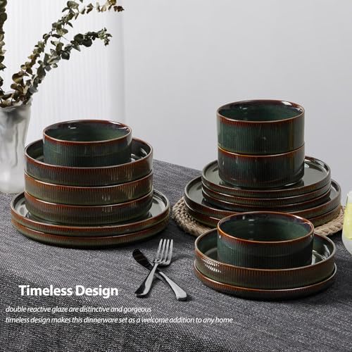 LIANYU Dinnerware Sets with Pasta Bowls, 24 Piece Ribbed Dinnerware Plates and Bowls Set for 6, Elegant Modern Stoneware Dishes Set for Kitchen Dining, Microwave and Dishwasher Safe, Jungle Green - Image 5