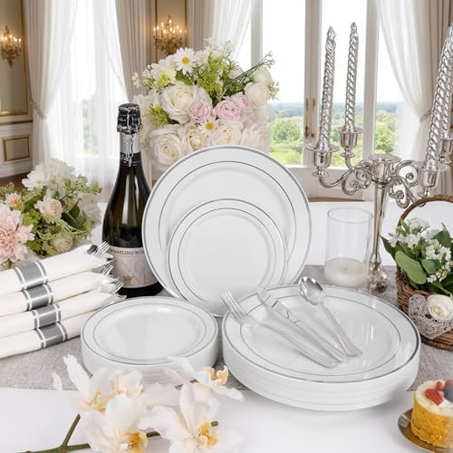 WDF Partyware 175PCS Sliver Plastic Plates - Silver Plates Disposable - White Plate with Silver Trim 25Guests Plastic Dinnerware Sets with Rolled Napkins for Wedding Baby Shower Spring Birthday - Image 6
