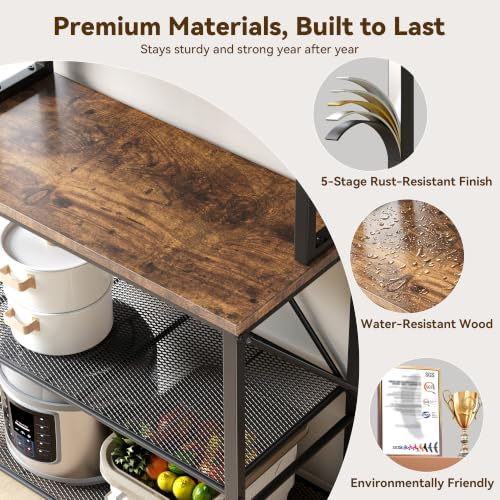 YASONIC Coffee Bar, Bakers Rack with Storage, 25.6 Inches Microwave Stand, 5 Tier Kitchen Shelves Appliance Storage, 12 S Hooks Large Coffee Station for Spices, Pots and Pans, Rustic Brown - Image 6