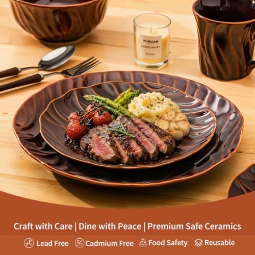 Ceramic Dinnerware Sets for 6, 24 pcs Plates and Bowls Sets, Reactive Glaze Ceramic Dish Set, Scratch Resistant, Microwave & Dishwasher Safe, Highly Chip and Crack Resistant Dishware sets, Rust Brown - Image 2