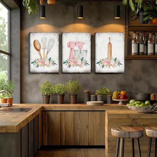 Doqueodas 3pcs Farmhouse Pink Floral Baking Theme Canvas Wall Art 12x16inch - Image 4