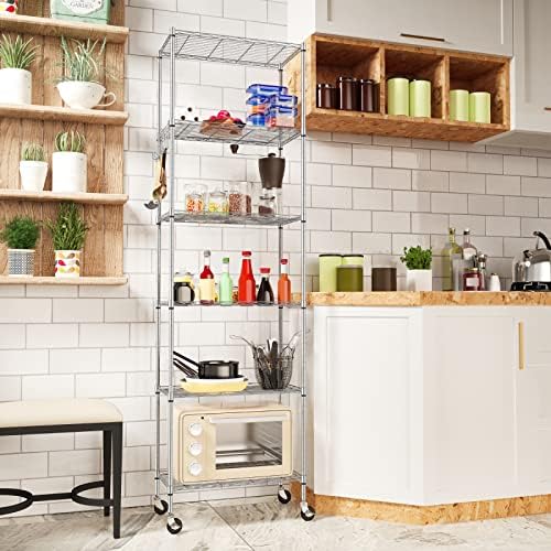 Homdox 6-Tier Storage Shelf Wire Shelving Unit Free Standing Rack Organization with Caster Wheels, Stainless Side Hooks, Silver Gray - Image 2