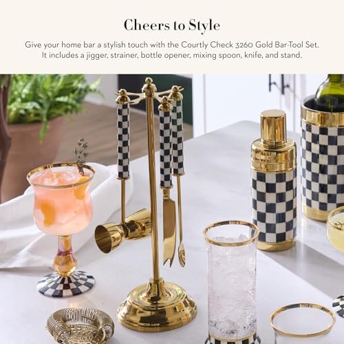 MACKENZIE-CHILDS 3260 Bar-Tool Set, Black-and-White Courtly Check Gold - Image 2