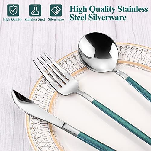 VANVRO Mirror Silver Green Silverware Set, 20-Piece Stainless Steel Flatware Set, Satin Finish tableware Cutlery Set, Service for 4, Home and Restaurant, Dishwasher Safe - Image 4