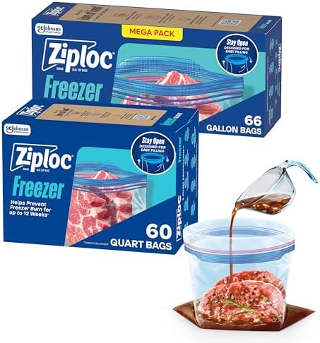 Ziploc Gallon and Quart Freezer Storage Bags, Stay Open Design, Easy to Fill, 66 and 60 Count by Ziploc