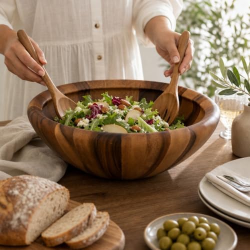 Arthur Court Acacia Wood Salad Bowl - Modern Wavy Design for Fruits and Salads - 6" Tall, 16" Diameter - Image 4